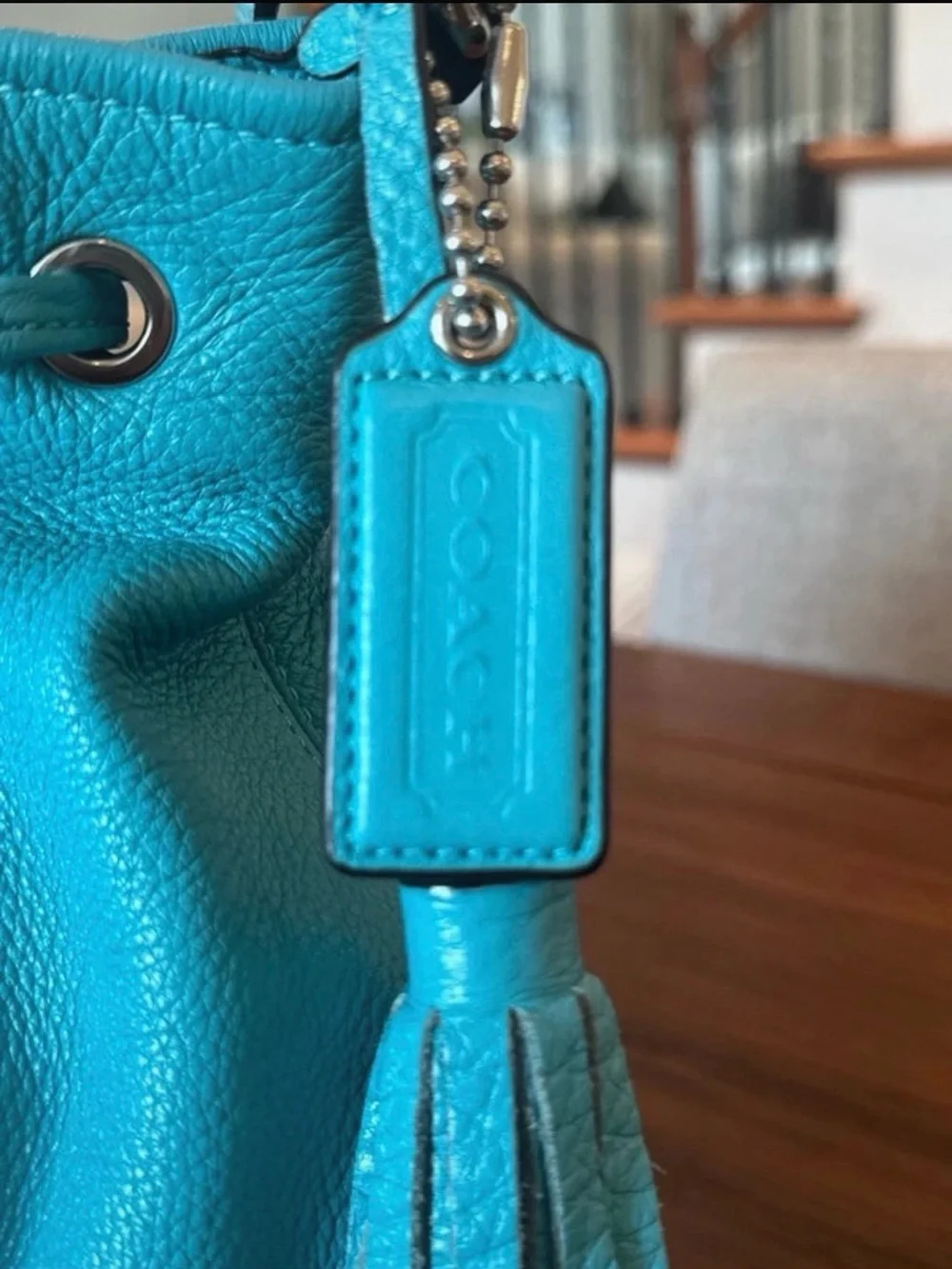COACH Turquoise Drawstring Leather Bucket Bag